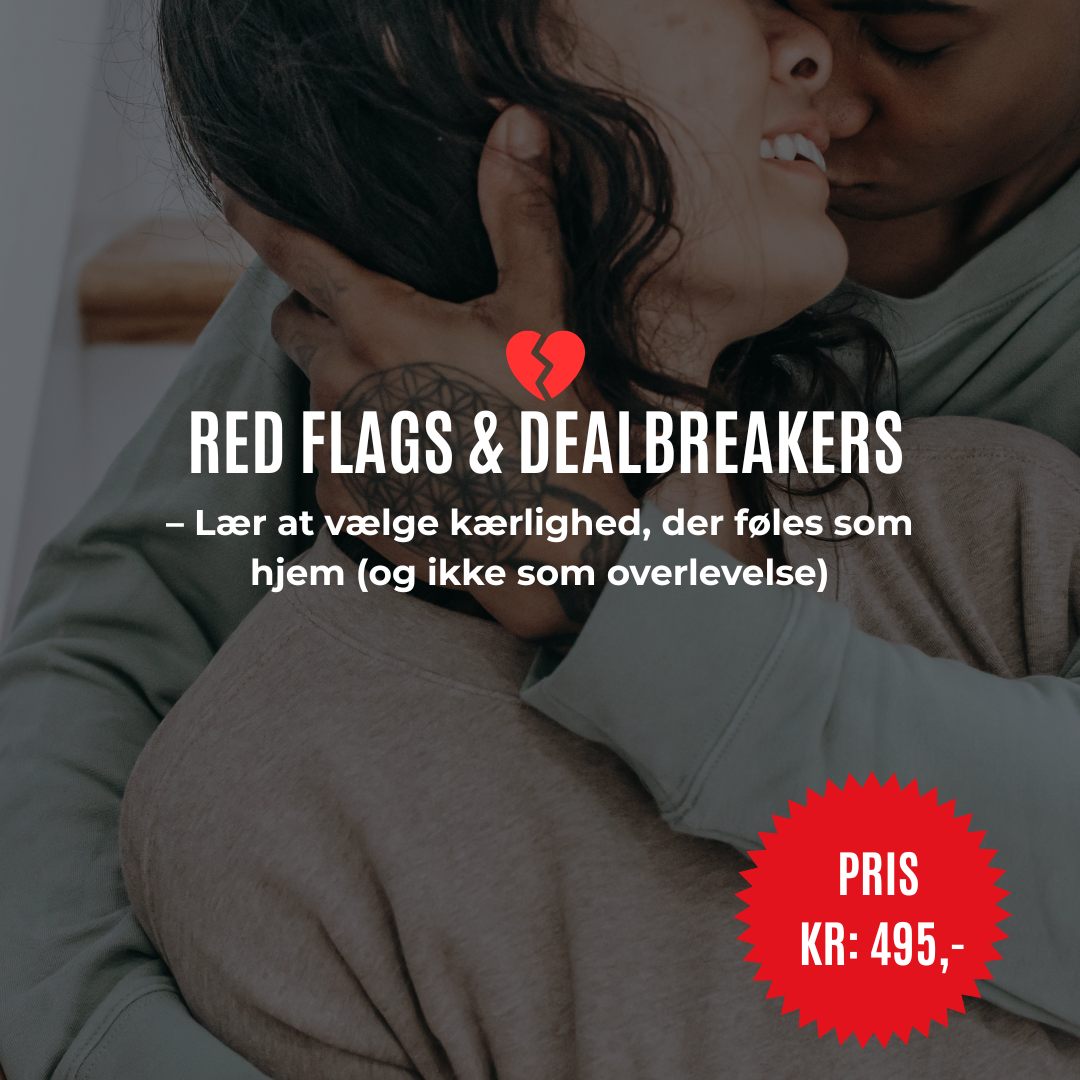 Par krammer tæt. Tekst på billedet: “Red Flags & Dealbreakers – Lær at vælge kærlighed, der føles som hjem (og ikke som overlevelse). Pris: 495 kr.”